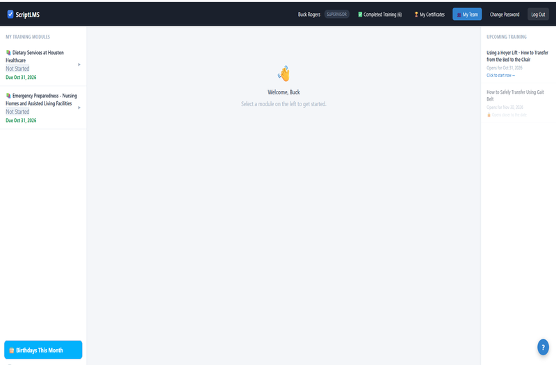 ScriptLMS supervisor's portal with their own training and the My Team button